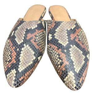 Madewell Snakeskin Mules Pointed Toe‎ Flats Brown 9 Embossed Leather Slides